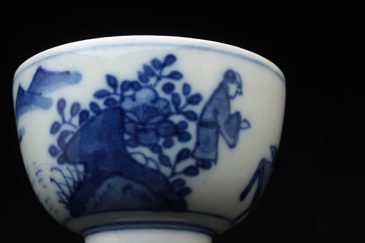 金山 中国 大明萬暦年製 青花山水人物文茶碗 2点 C 8164E 金山 中国