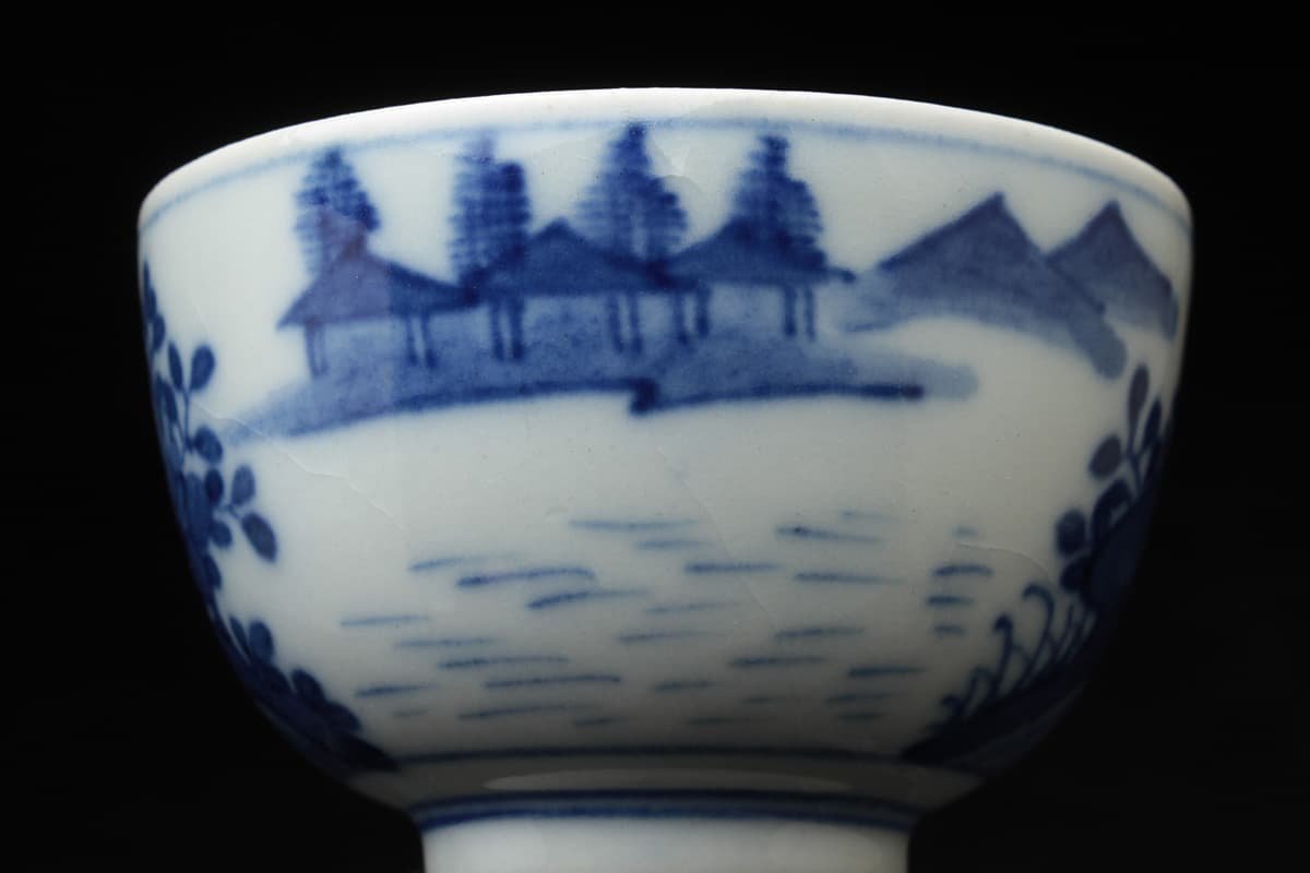 金山　中国　大明萬暦年製　青花山水人物文茶碗　2点　C　8164E 金山 中国 大明萬暦年製 青花山水人物文茶碗 2点 C 8164E 金山 中国