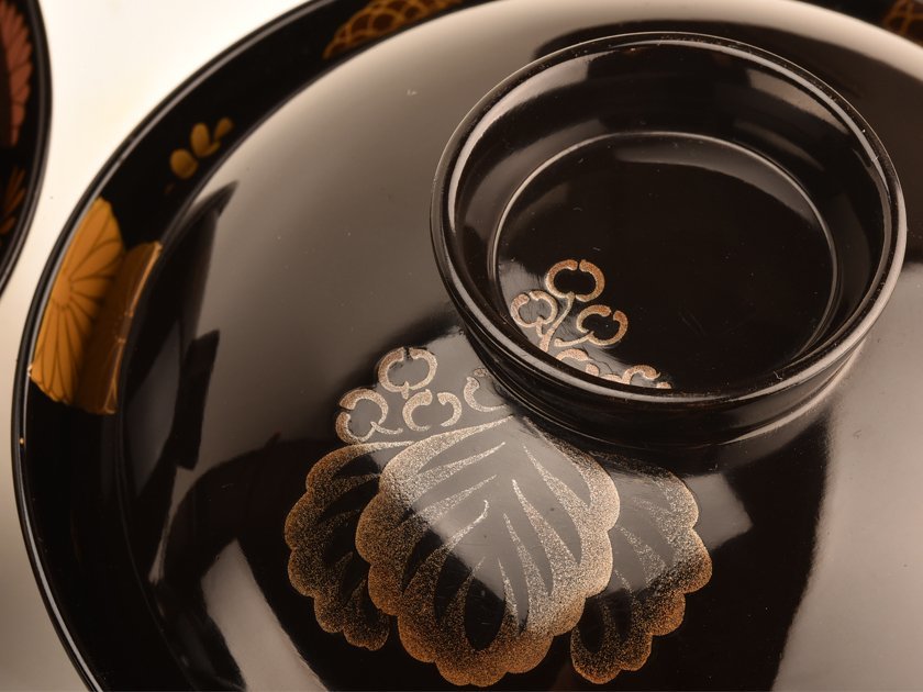 流】能登輪島塗 慶塚作 菊桐蒔絵吸物椀十客 共箱 TM759