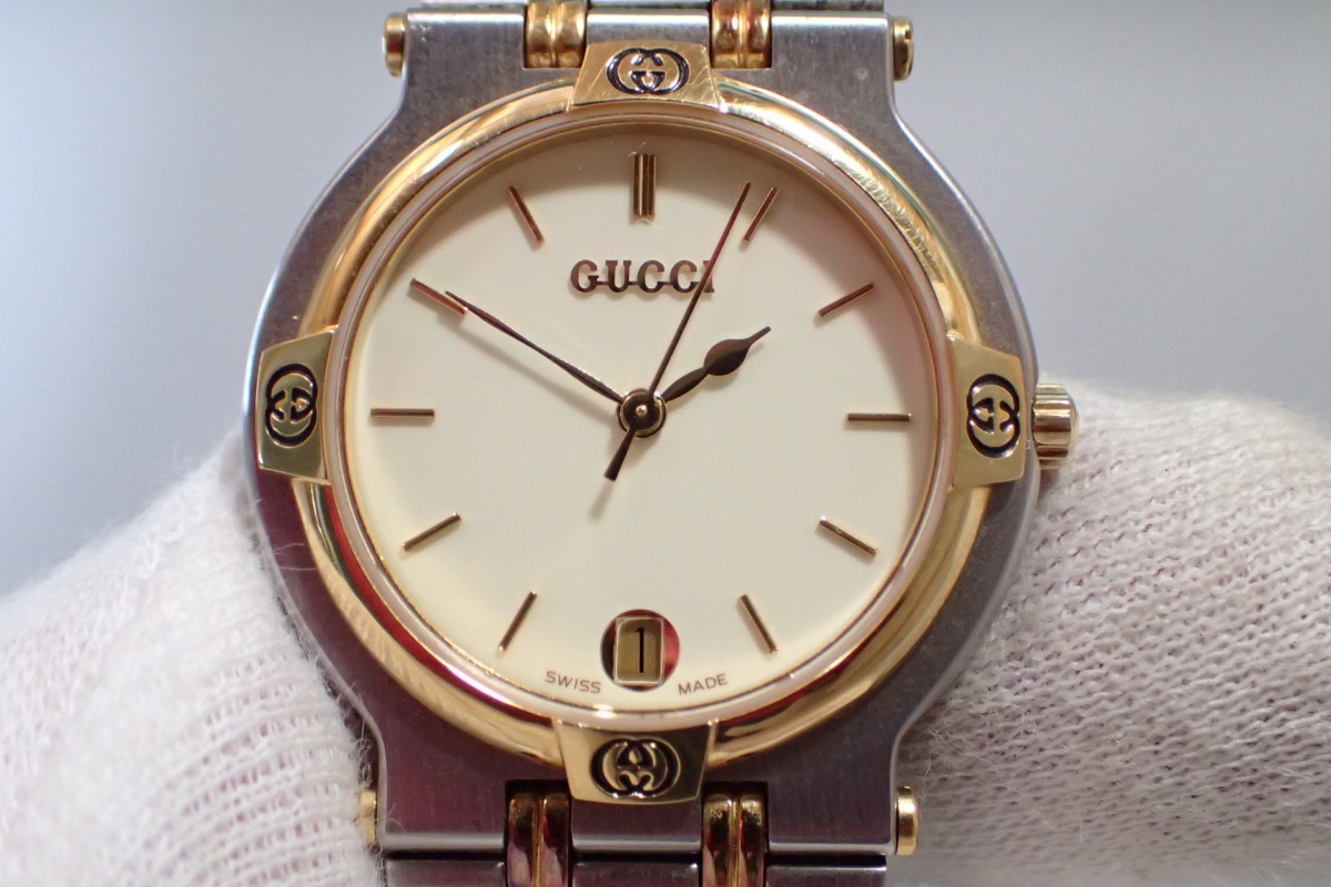 m1865 / GUCCI グッチ 9000M クォーツ QZ アイボリー文字盤 コンビ
