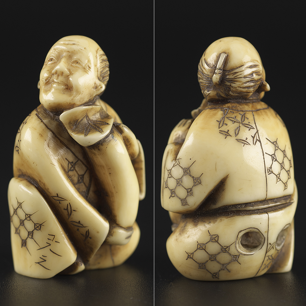極上細密彫刻 双龍 根付 作家物 置物 古玩 骨董品 カバ牙製 篆刻 根付 古美術 - 蛸と漁師 雨蛙象牙 文化遺産オンライン 骨董・古美術