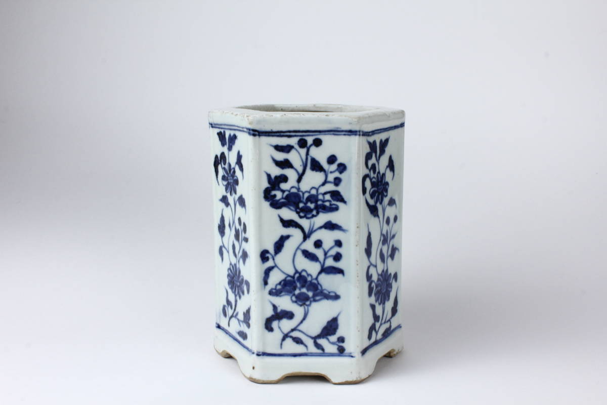 81李朝 染付 草花文 時代筆筒 文房具 李朝 染付 分院 燦