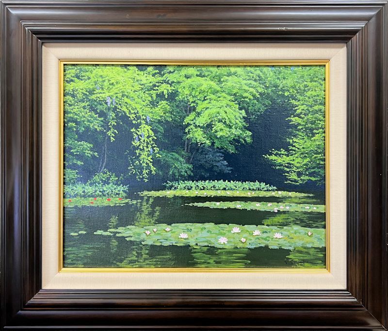 「真作」佐々木友「睡蓮池の藤」風景画　油彩画　額装　サイン有り　F6号 FCP】 真作保証 佐々木友 油彩画6号 「睡蓮池と藤」 新日本美術協会