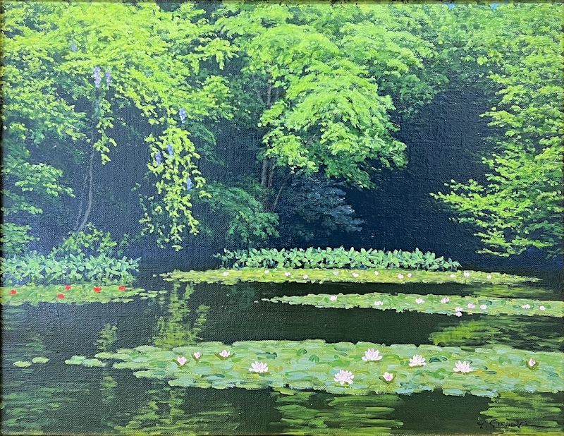 FCP】 真作保証 佐々木友 油彩画6号 「睡蓮池と藤」 新日本美術協会