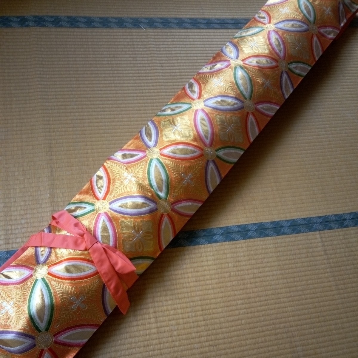 琴油単（ゆたん） 絹袋帯リメイク ☆琴カバー 丸紋 暈し柄刺繍