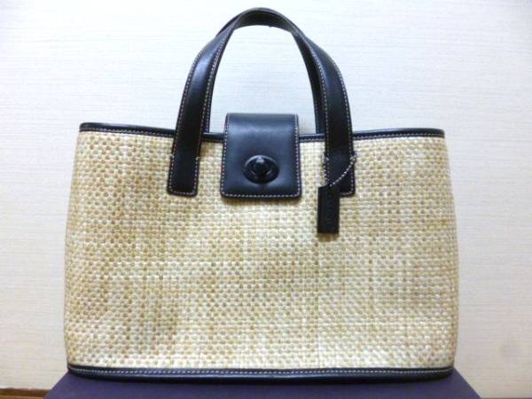美品【COACH】コーチ*ストロー×レザー*かごバッグ*ハンドバッグ