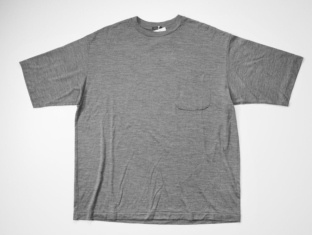 美品★ COMOLI ◆ 23SS サマーウール天竺 半袖クルー 3 グレー ポケット カットソー コモリ 下げ札付き ◆16/BY14