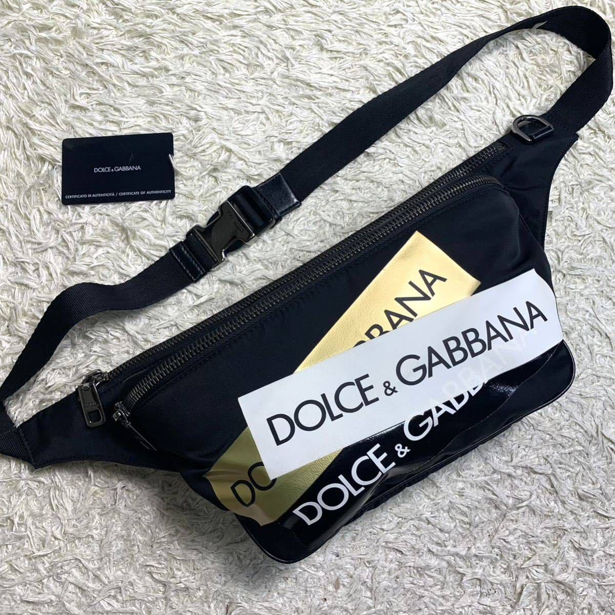 1円 極美品 DOLCE&GABBANA ドルチェ&ガッバーナ ドルガバ D&G メンズ ウエストバッグ ショルダー ボディ ロゴプリント ブラック 黒 斜め掛