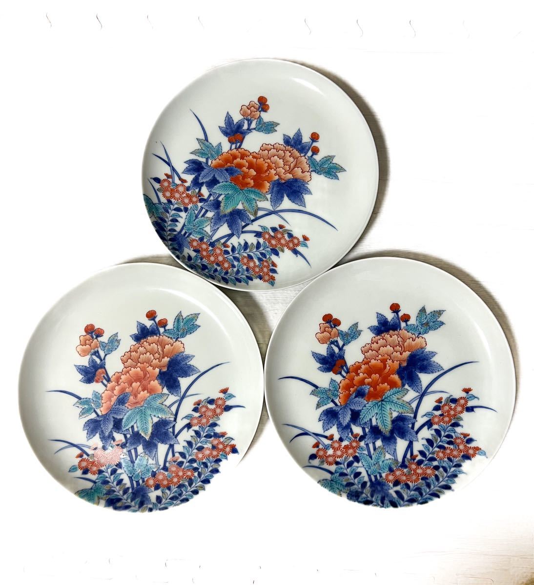 十二代 今右衛門 色鍋島 錦花模様額皿 三客22cm 飾り皿