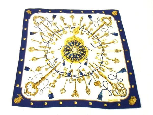 1円 HERMES エルメス LES CLES【鍵柄】カレ90 シルク100% 大判 スカーフ ストール ショール ネイビー系×マルチカラー BG1686