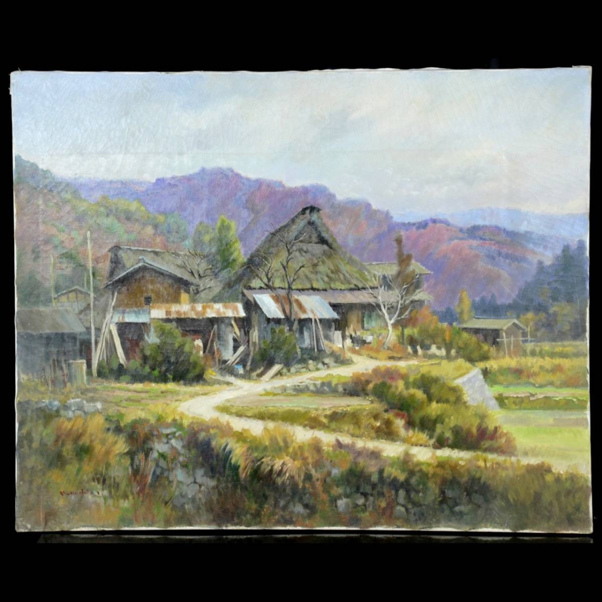 ☆「湖畔の風景」 油絵 F8 アルミ額縁 65cm×58cm 前面ガラスり