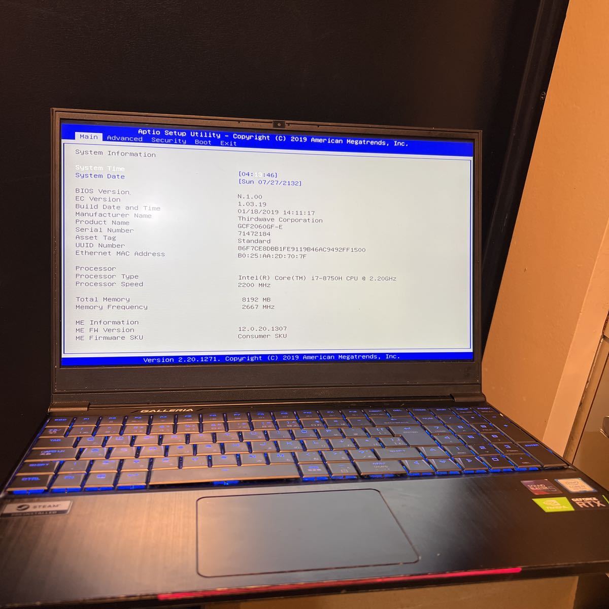 ジャンク品】 BIOS起動可 ドスパラ GALLERIA GCF2060GF-E 8GB intel 