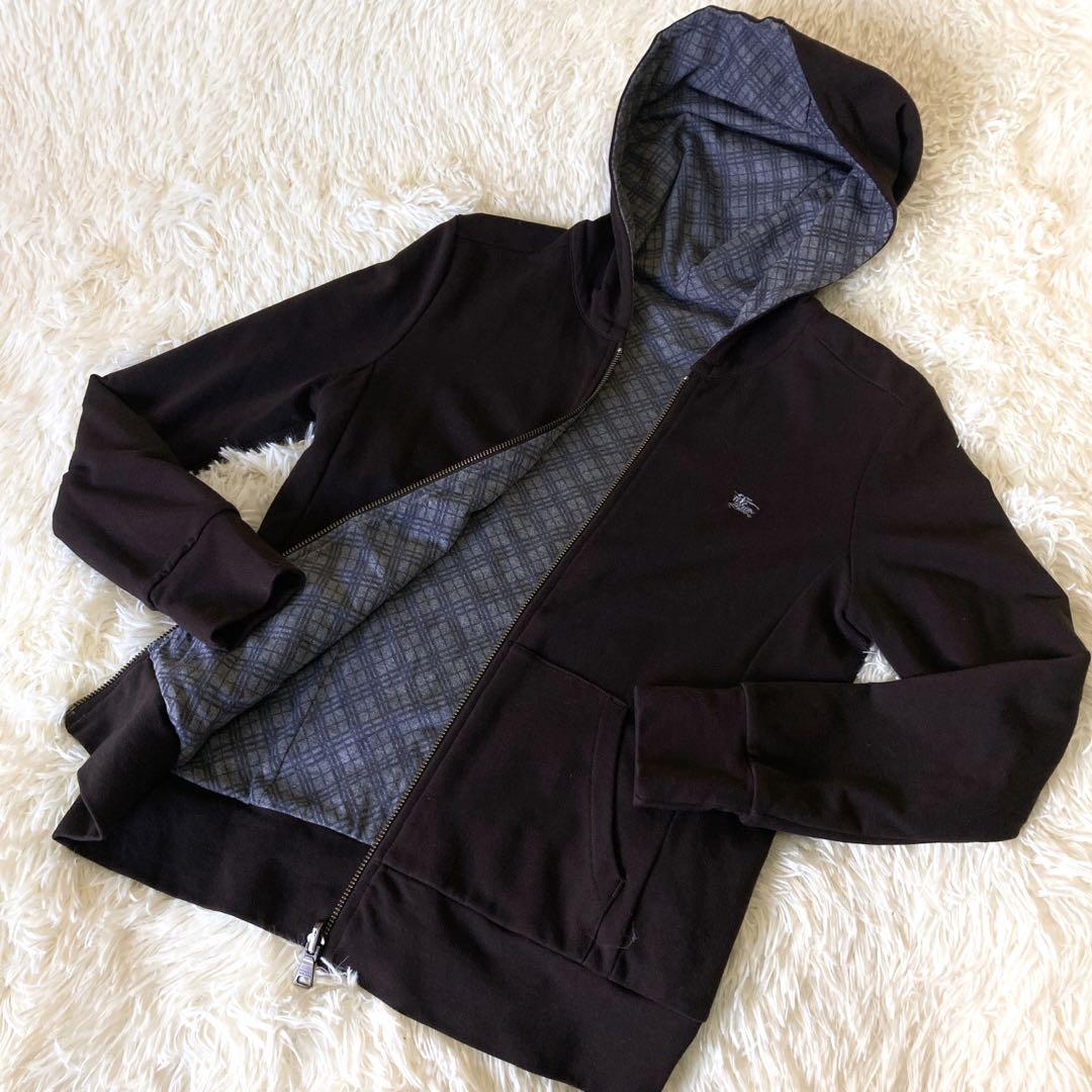 BURBERRY BLACK LABEL バーバリーブラックレーベル　リバーシブルジップパーカー　フード付き　ノバチェック　黒　ホースロゴ刺繍　S相当