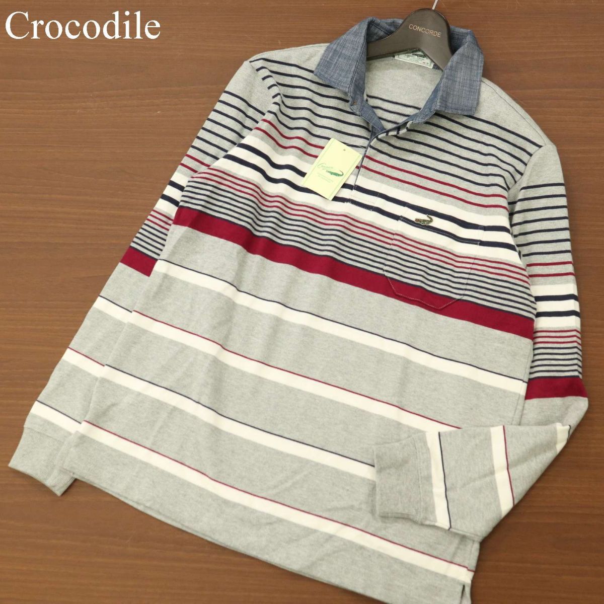 新品 未使用】 Crocodile クロコダイル 通年 長袖 ワニ刺繍☆ ボーダー 