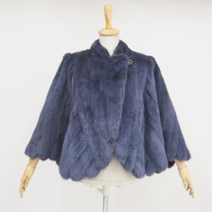 美品【 裾：スカラップデザイン★2WAYタイプ 】レア高級毛皮　染めミンク◆デザインケープ　ハーフ丈/69cm　襟元：ボタン付　ブルー◆R984T