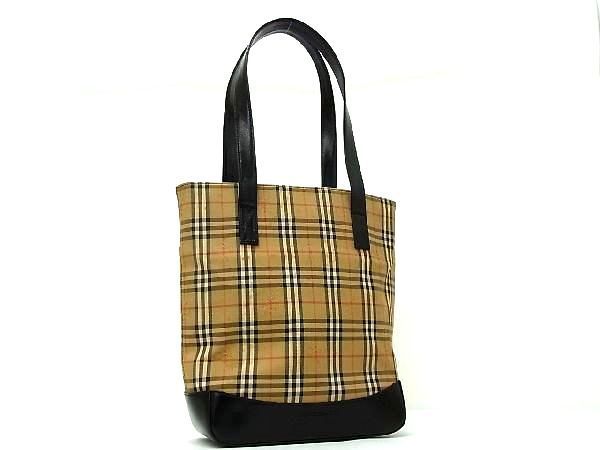 1円 BURBERRY バーバリー ノバチェック キャンバス×レザー トートバッグ ショルダー 肩掛け ベージュ系×ブラック系 AR3127