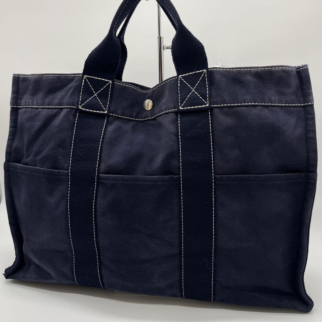 HERMES エルメス　ドーヴィルMM トートバッグ キャンバス ネイビー　紺色　ハンドバック　A4可能　手提げ鞄　ロゴボタン　銀ボタン