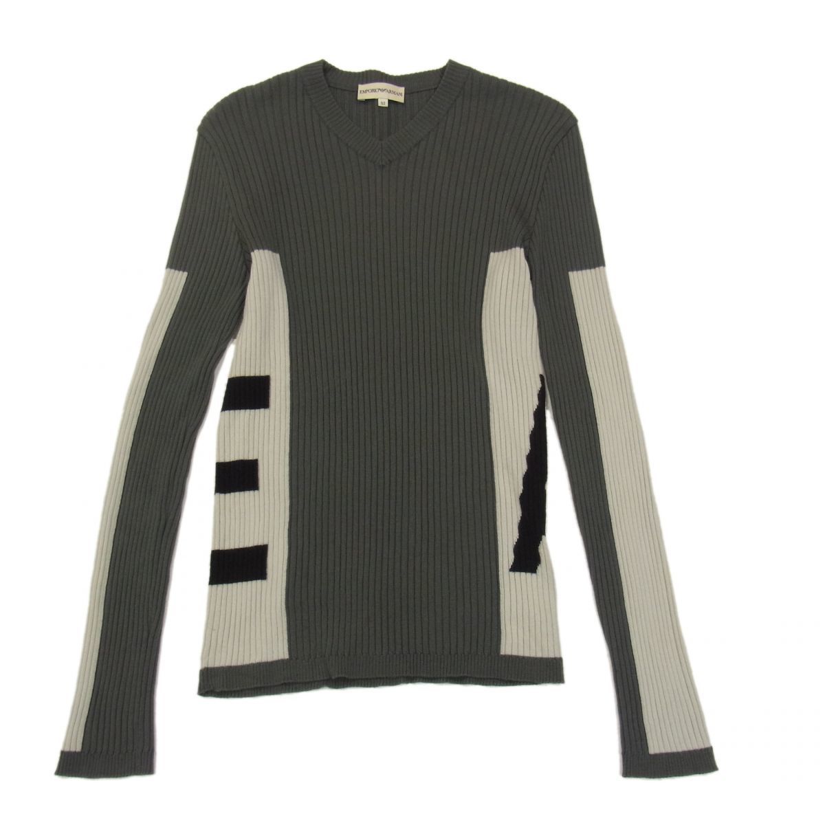 ◇EMPORIO ARMANI アルマーニ リブニットセーター Ｖネック ストレッチ EAロゴ編込み 袖長め メンズ トルコ製 1円スタート