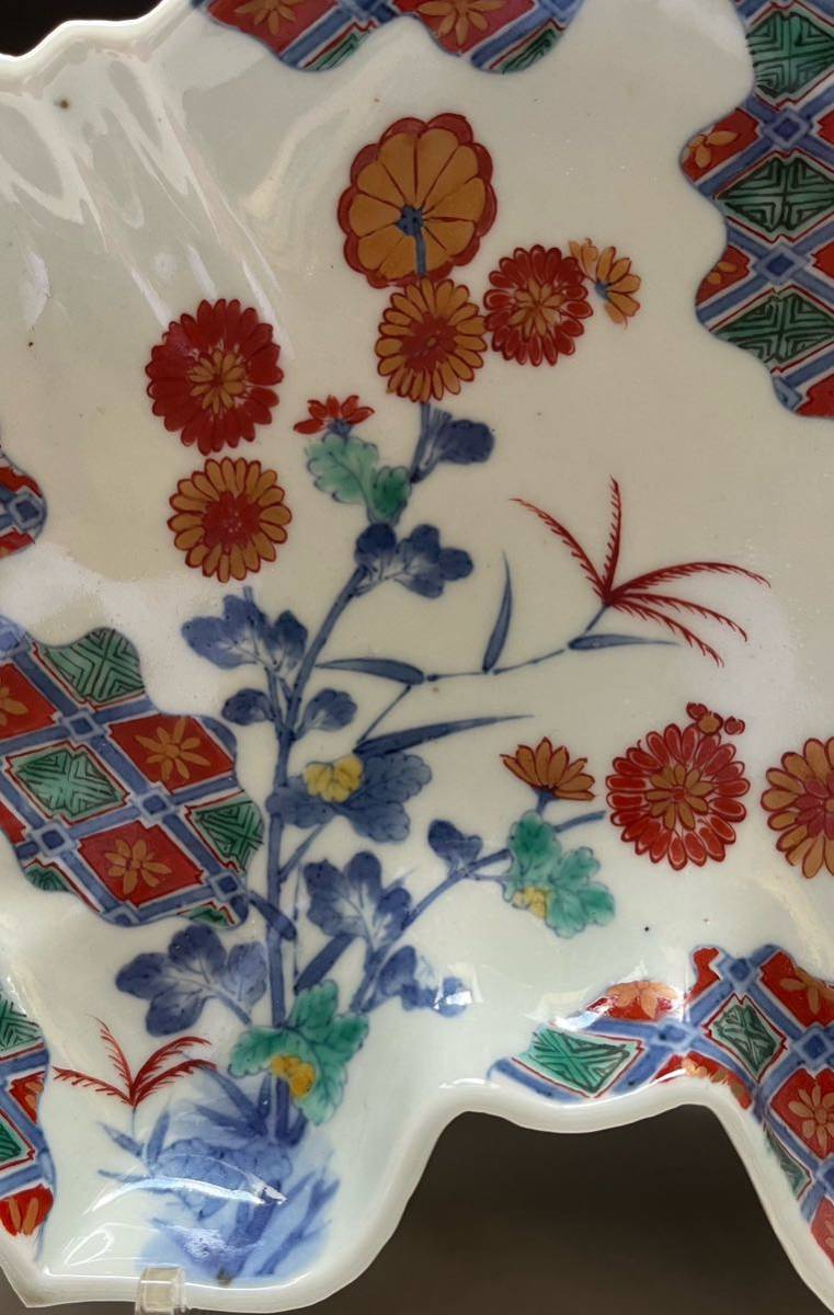 元禄伊万里　古伊万里　色絵菊花瓶文皿　約28cm　古美術　豪商旧蔵　圧倒的存在感 色絵古伊万里菊花文変形皿（色絵柿右衛門、金蘭手、元禄色絵古伊万里