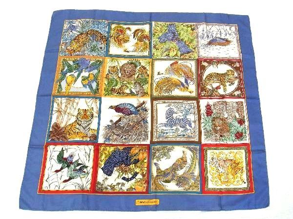 1円 SalvatoreFerragamo フェラガモ シルク100% アニマル柄 総柄 大判 スカーフ ストール ショール ブルーグレー系 BF0400