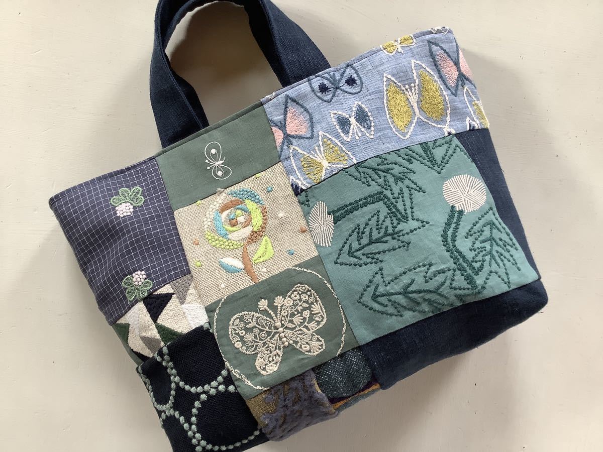 ハンドメイド ミナペルホネン ハギレとリネンのマルシェバック(sand