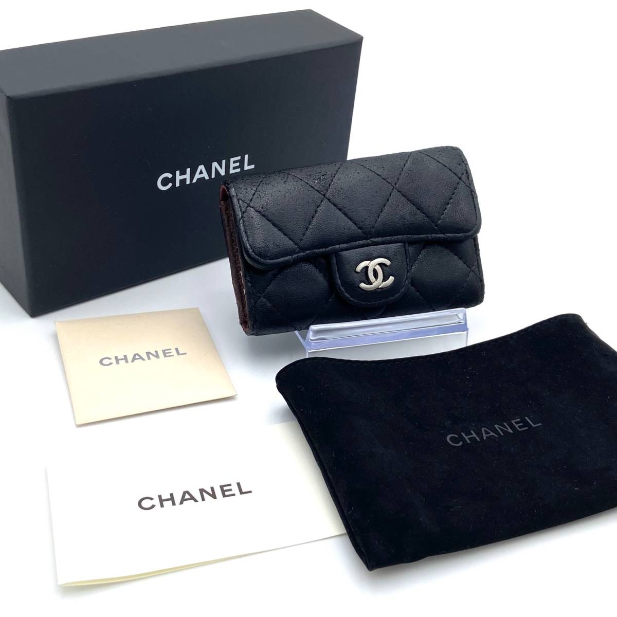 １円～　CHANEL　シャネル　ラムスキン　マトラッセ　ココマーク　キーケース　ブラック　黒　シルバー金具　保存袋　冊子　共箱付　美品