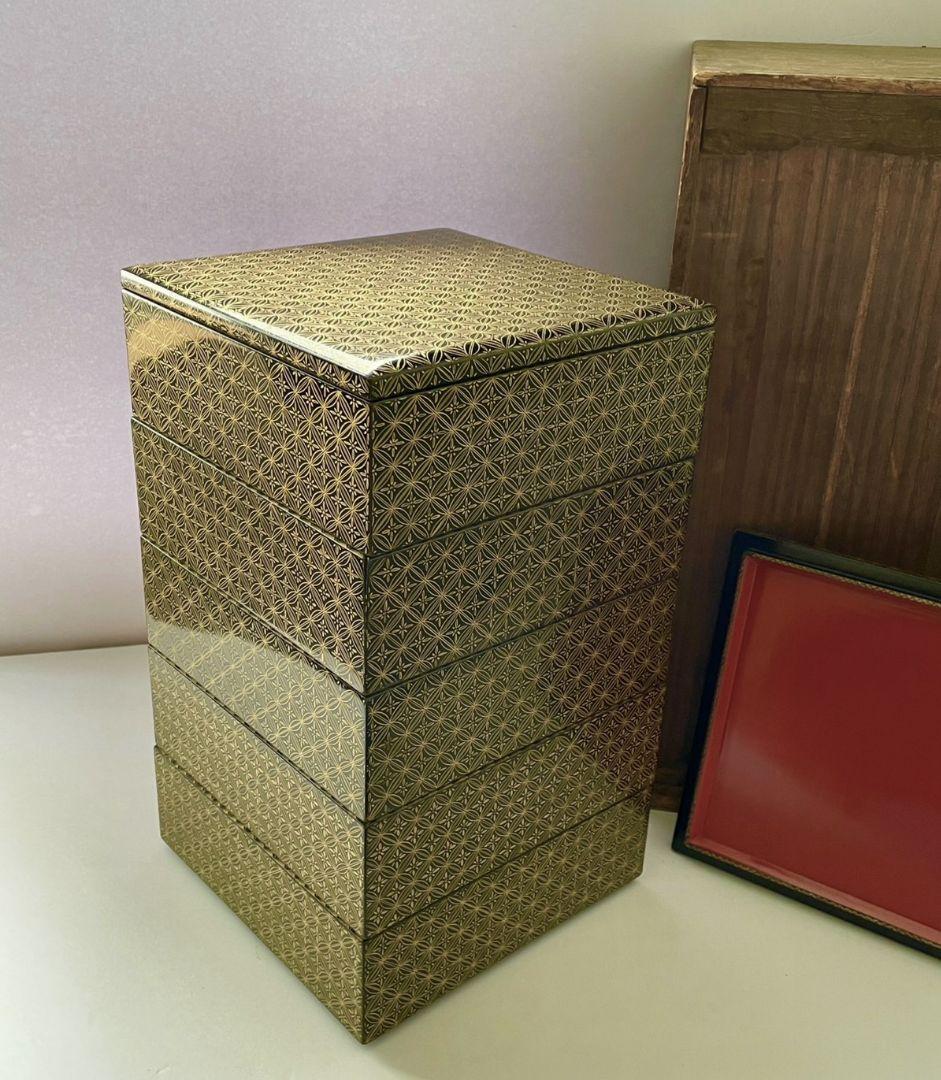 輪島塗　総沈金　七宝文五段重箱　箱付