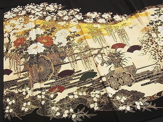 平和屋野田店□豪華黒留袖 駒刺繍 金糸刺繍 花車之図 金彩 逸品 n