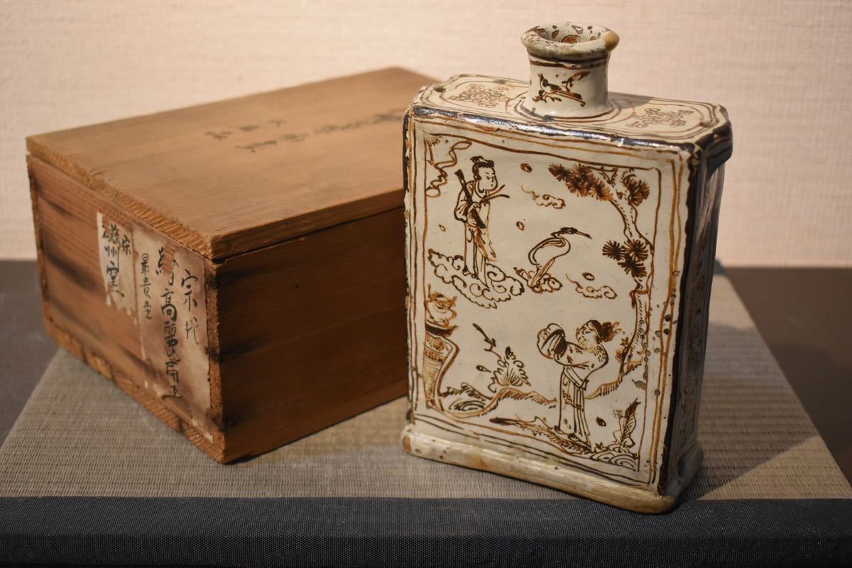 GE】R229【コレクター所蔵品】時代 磁州窯人物図扁壷 /美術 骨董品