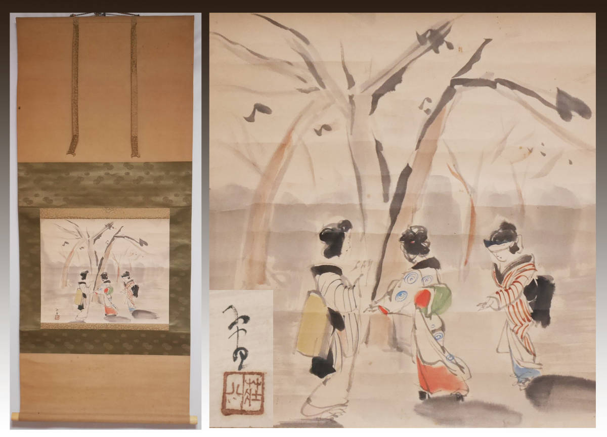 【真作】★【月夜　美人図】日本画家　木村荘八◆紙本　肉筆　日本画　人物　美人画 掛軸