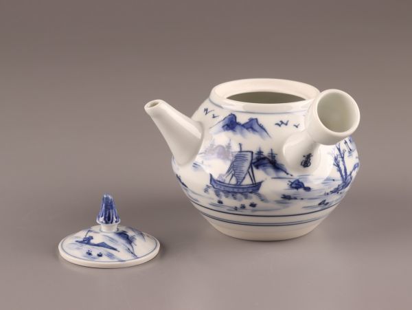 煎茶道具 横手急須 染付 時代物 在銘 古京焼 初だし品 急須