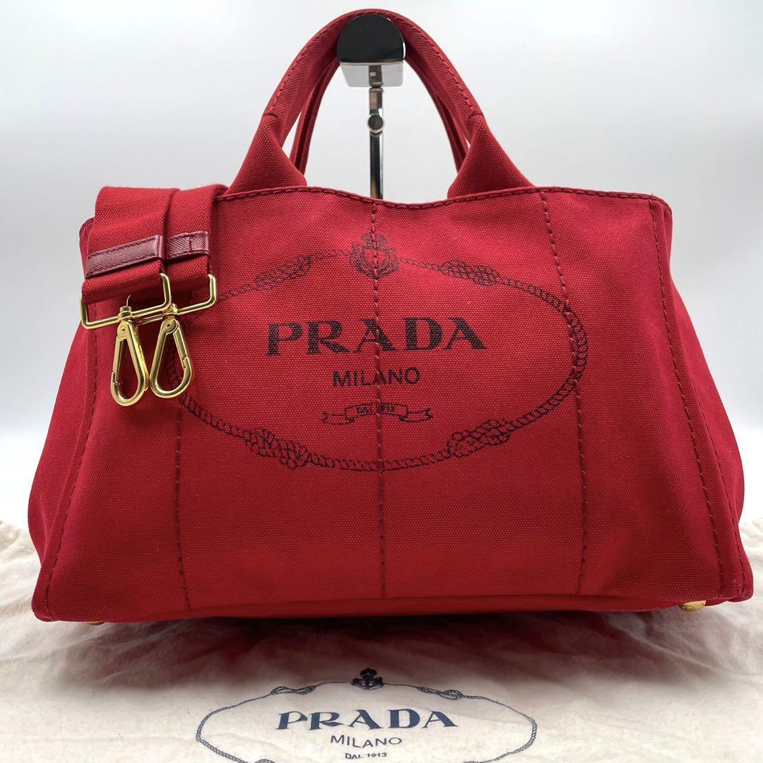 PRADA　バニティバッグ 美品 希少 プラダ トートバッグ カナパM デニム レッド 白タグ 三角