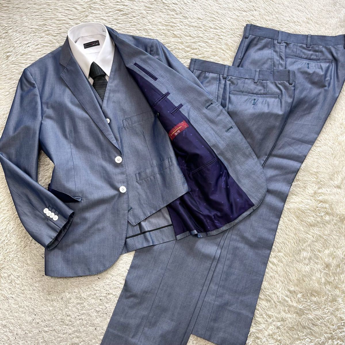 エルメネジルドゼニア【お得な4点セット】Zegna スーツ　セットアップ　スリーピース　3ピース　ジャケット　ブルー　光沢　シルク　L位