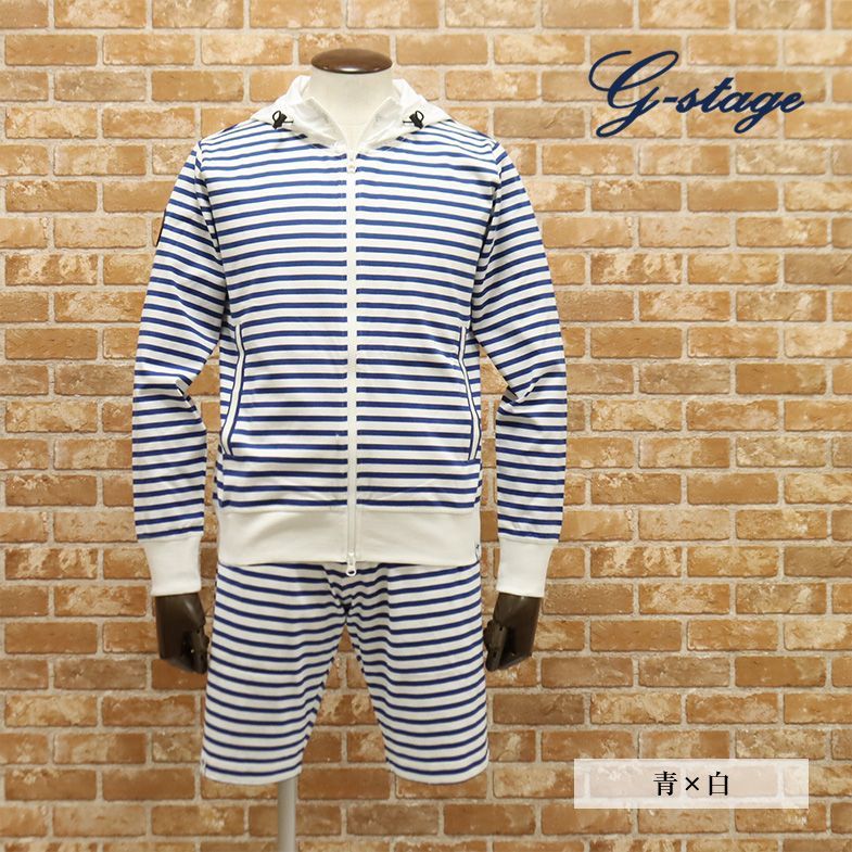 1円/春夏/g-stage/48サイズ/セット アップ 天竺ジャージー ボーダー柄 マリン 爽やか 楽ちん リラックス 上下セット 新品/青×白/gc282/