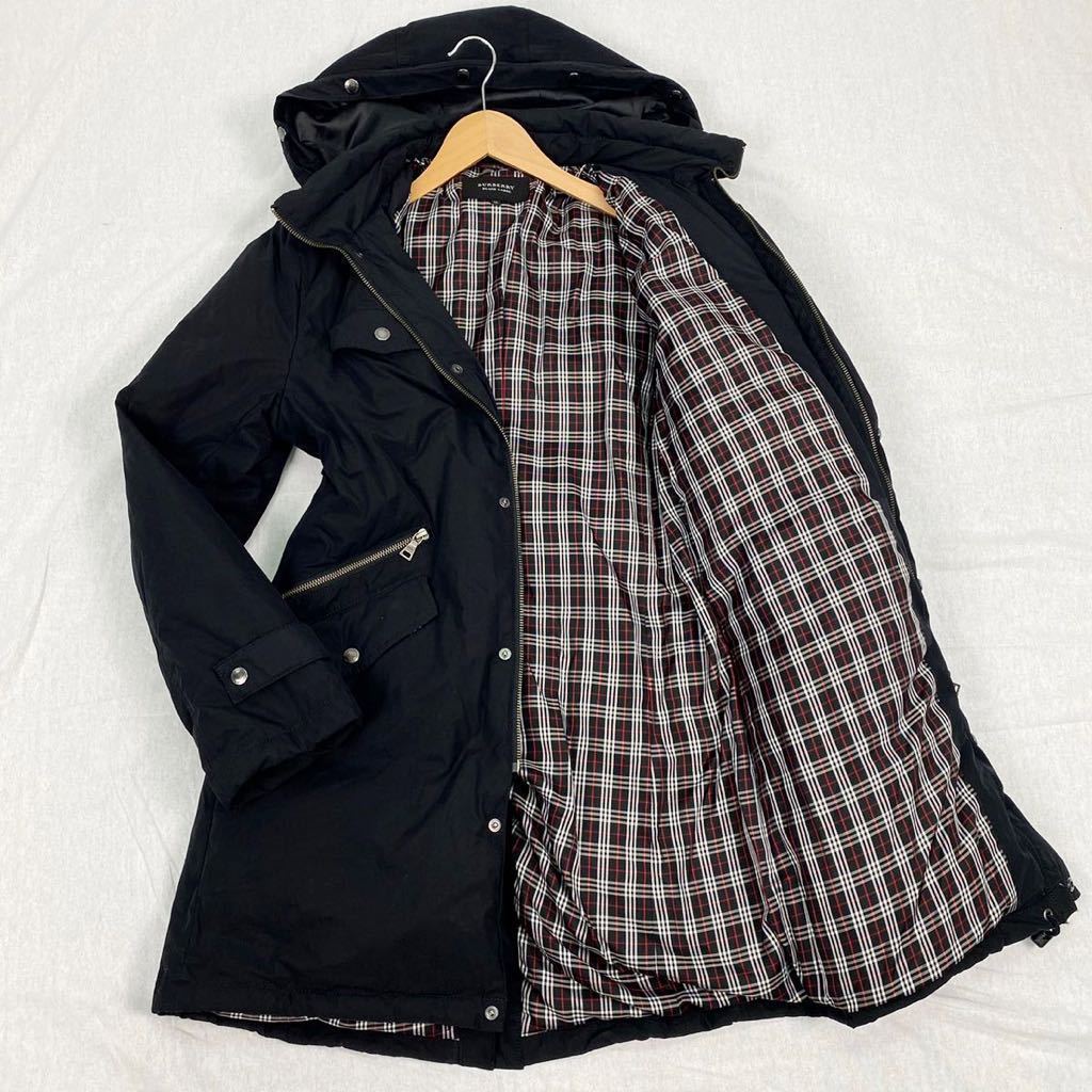 希少LLサイズ！バーバリーブラックレーベル BURBERRY BLACK LABEL ダウンコート 裏地チェック柄 黒 ブラック フード取り外し可能 aa219