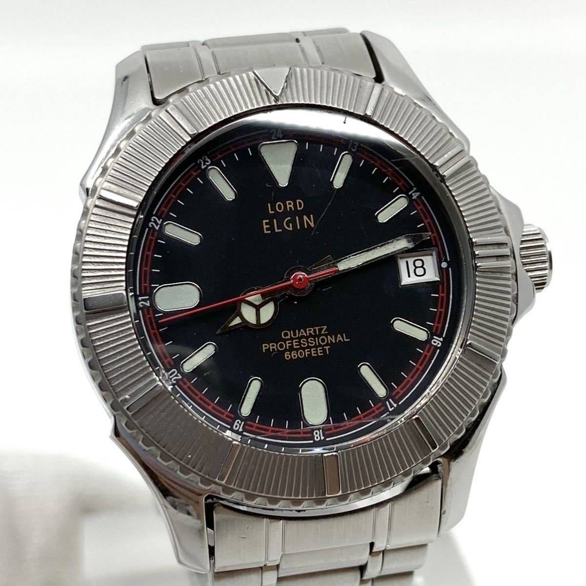 LORD 腕時計 メンズ ELGIN クォーツ quartz 回転ベゼル デイト 黒文字 