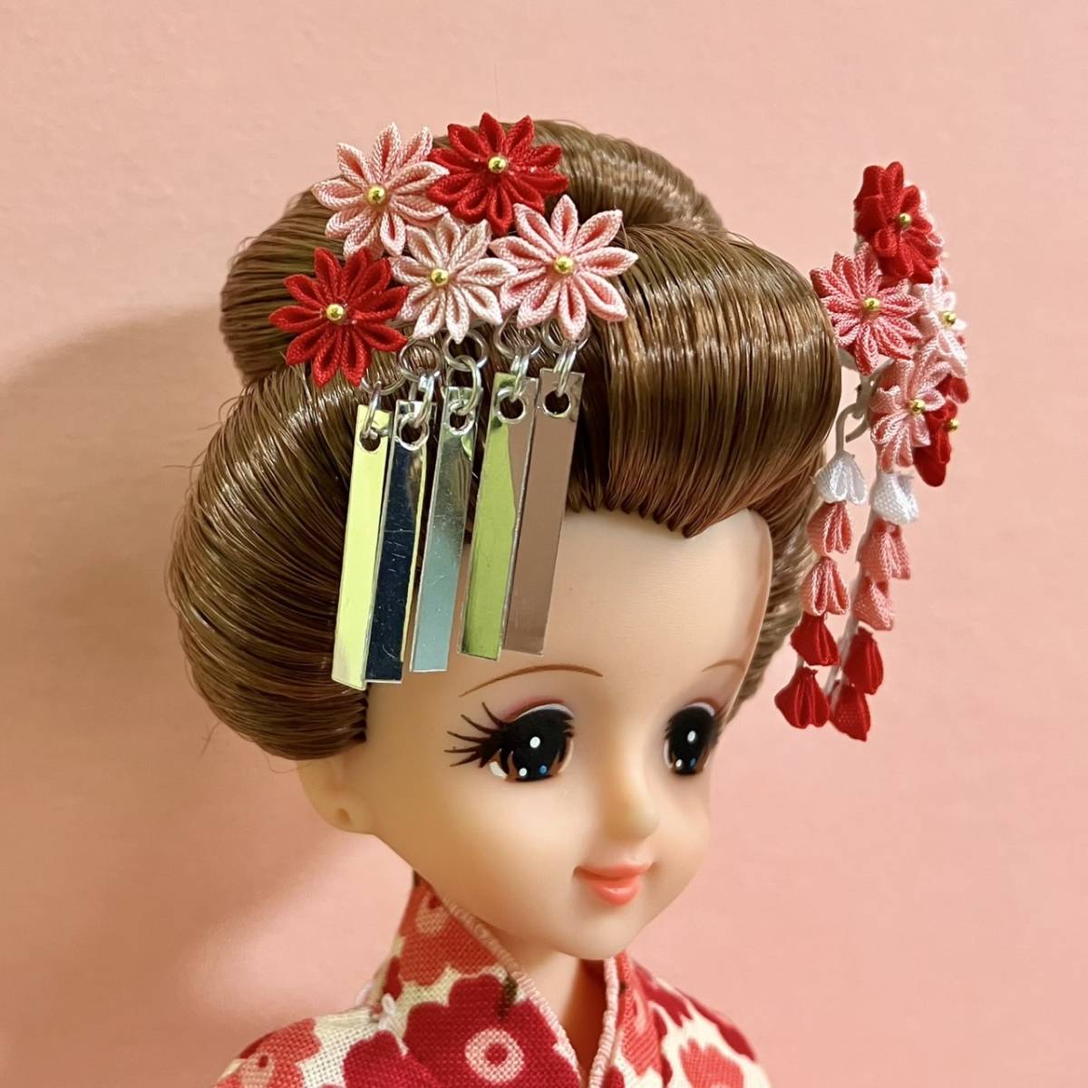 人形用 つまみ細工 かんざし リカちゃん ジェニー 赤 ピンク(その他 