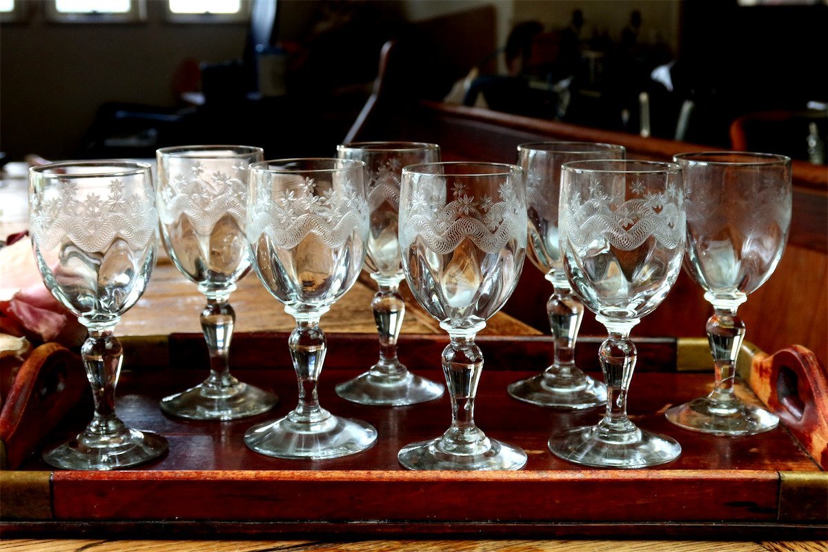 1900年頃 PORTIEUX EMMA 8本 フレンチ アンティーク オールドバカラ風 クリスタルグラスセット ビンテージワイングラス / BACCARAT バカラ