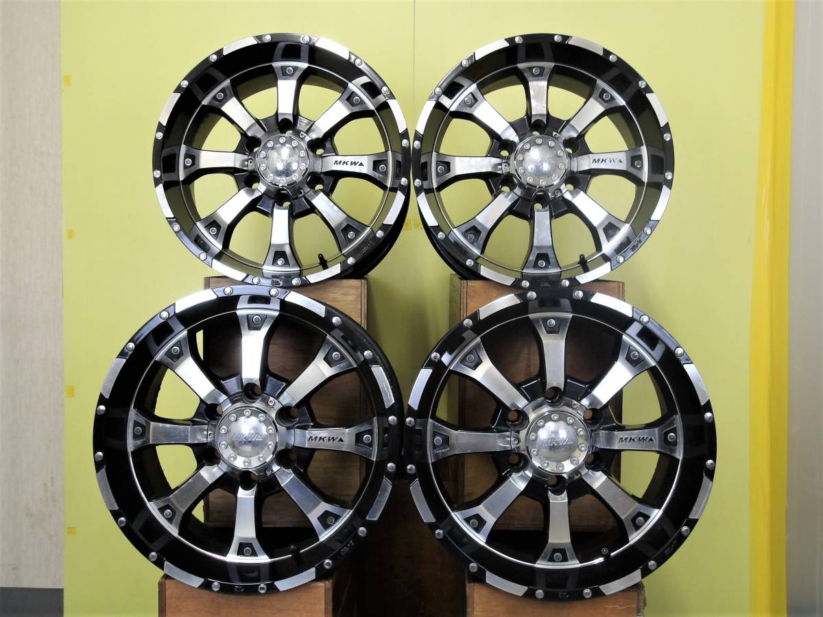 H2165 中古 4本 MKW MK-46 MK46 17 x 8J +25 6H 139.7 ブラックポリッシュ 深リム ハイラックス サーフ プラド FJクルーザー