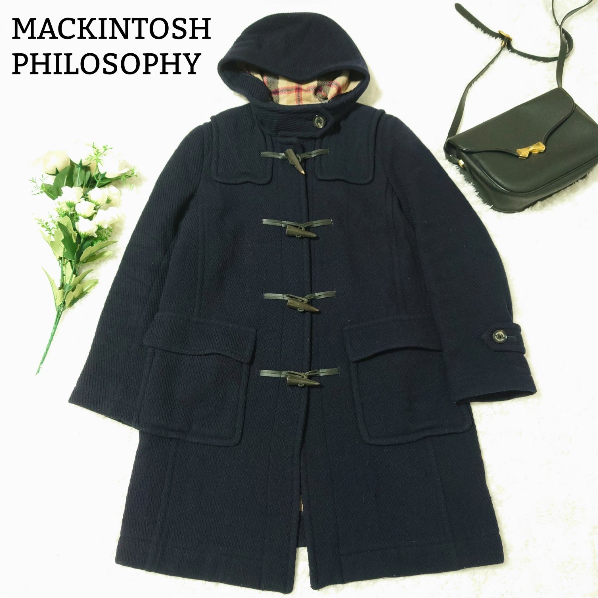 マッキントッシュフィロソフィー MACKINTOSH PHILOSOPHY ダッフルコート フード付 サイズ38 M ネイビー コート レディース チェック ウール