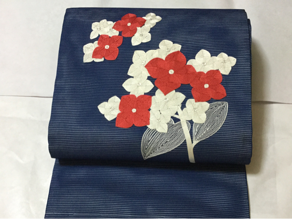 柚)正絹 絽 夏用 名古屋帯 青紺 KYOETSU（京越） (正絹九寸名古屋帯