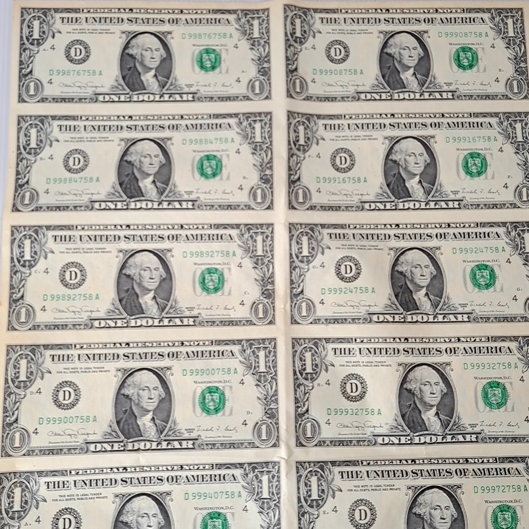 ONE DOLLAR Sheet 1 ドル 紙幣 16枚 未裁断 シート 1枚 裁断前 