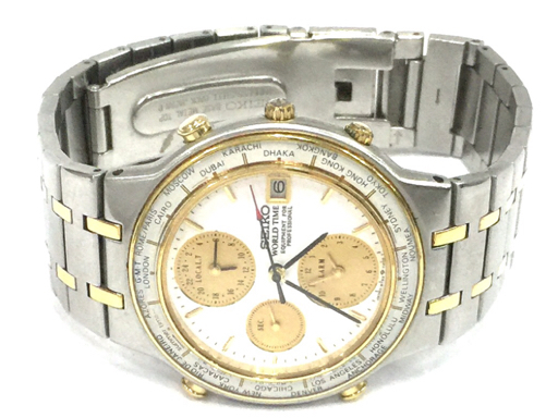 1円 セイコー 腕時計 5T52-7A00 クロノグラフ WORLD TIME クォーツ 