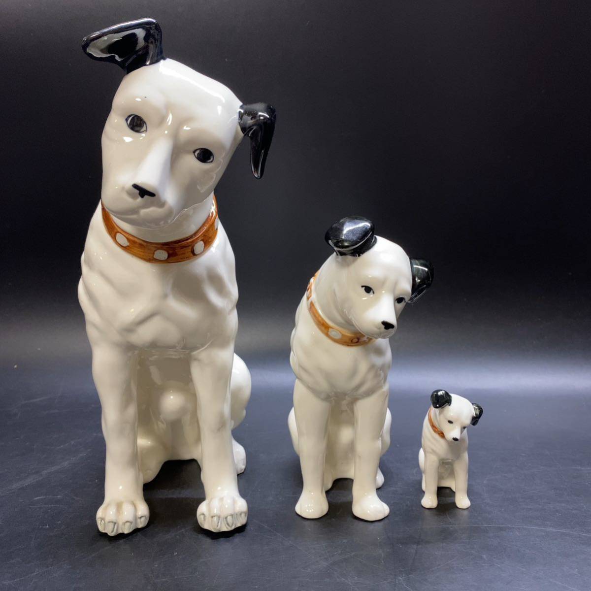 陶器製 Victor ビクター犬 ニッパー 大中小 3点 まとめ 置物 山口太一 