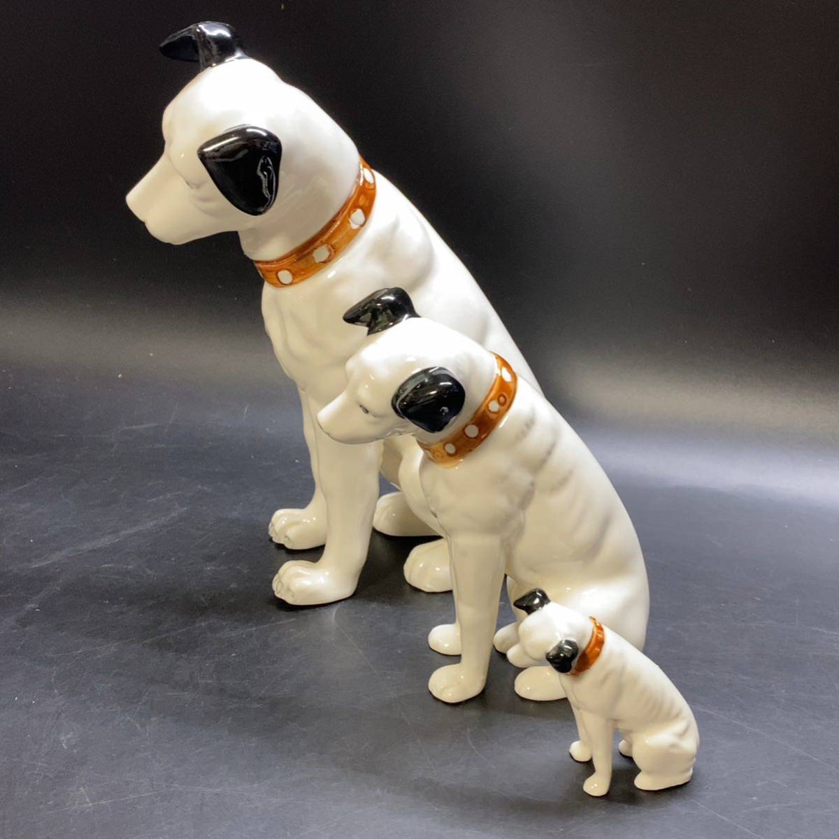 陶器製 Victor ビクター犬 ニッパー 大中小 3点 まとめ 置物 山口太一 