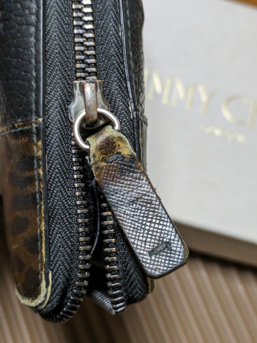 ジミーチュウ　長財布　ラウンドジップ　ブラック　エンボス　レオパード ジミーチュウ JIMMY CHOO 財布 長財布 ラウンドジップ ブラック