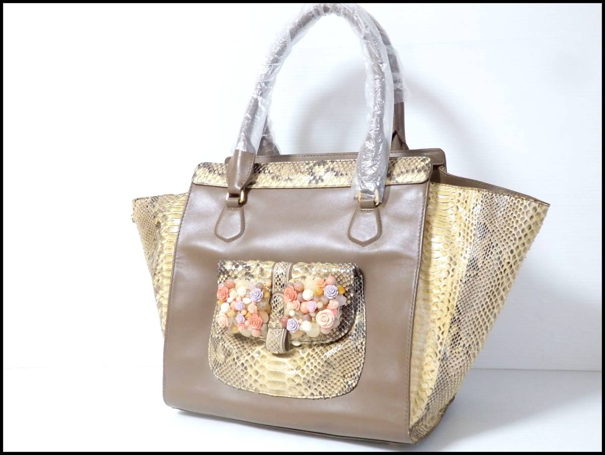 本物 TANAH RHEA パイソン × レザー トートバッグ ハンドバッグ 蛇革 