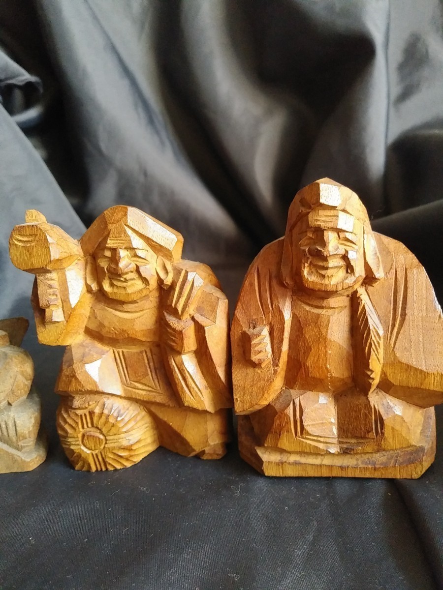 一刀彫木彫恵比寿大黒天4体彫刻置物縁起物天然木七福神 恵比寿様大黒様 