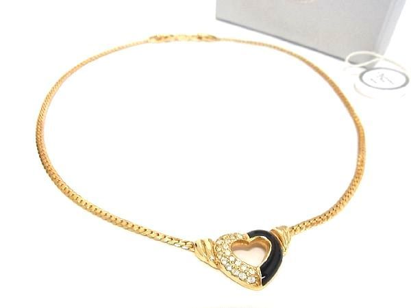 1円 ■美品■ ChristianDior クリスチャンディオール ラインストーン ハート ネックレス アクセサリー レディース ゴールド系 AP7717
