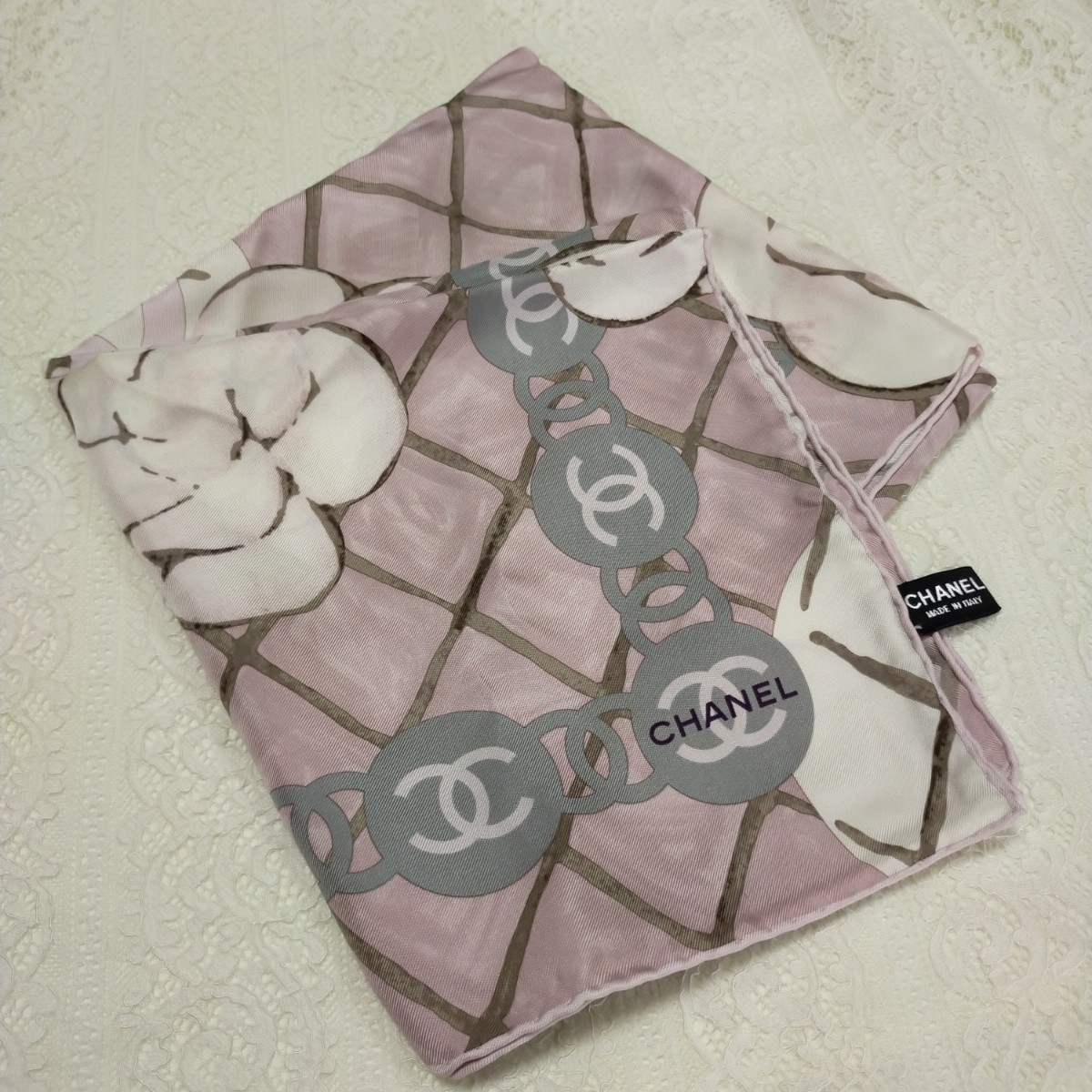 CHANEL シャネル ココマーク カメリア ピンク シルク スカーフ 大判 